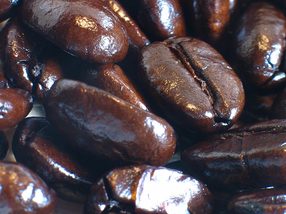 氧化：烘焙咖啡豆的彩色特写照片，深褐色豆粒表面泛油光、颗粒饱满
